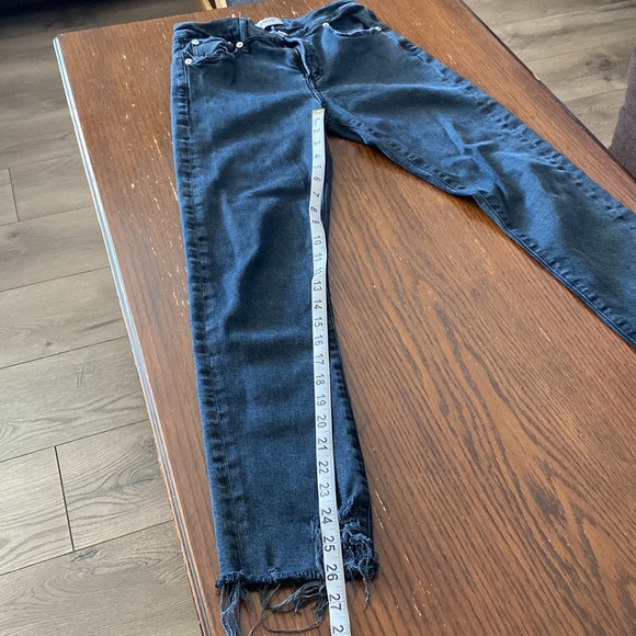 AGOLDE black distressed mid rise stretch straight leg jeans w/ raw cut out cuffs - Picture 15 of 16